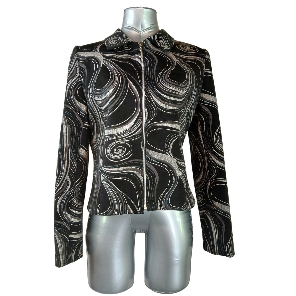 Lorizoni Womens Silk Metallic Swirl Zip Front Jacket Black Silver Small USA Made